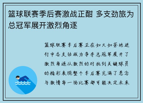 篮球联赛季后赛激战正酣 多支劲旅为总冠军展开激烈角逐