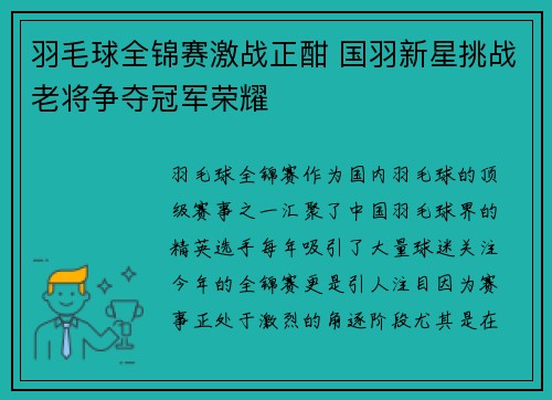 羽毛球全锦赛激战正酣 国羽新星挑战老将争夺冠军荣耀
