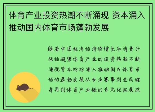 体育产业投资热潮不断涌现 资本涌入推动国内体育市场蓬勃发展
