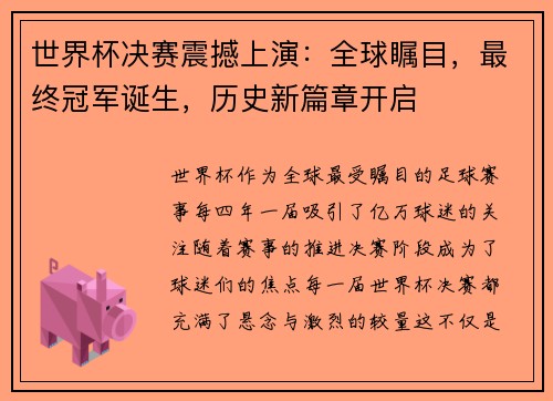 世界杯决赛震撼上演：全球瞩目，最终冠军诞生，历史新篇章开启