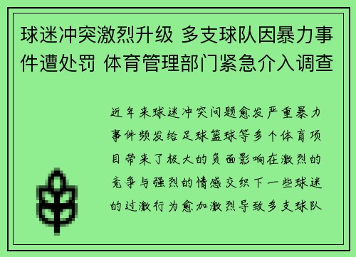 球迷冲突激烈升级 多支球队因暴力事件遭处罚 体育管理部门紧急介入调查